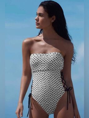 Rachel Roy Painted Dot Ivory Black Lace Up Sides One Piece swimsuit